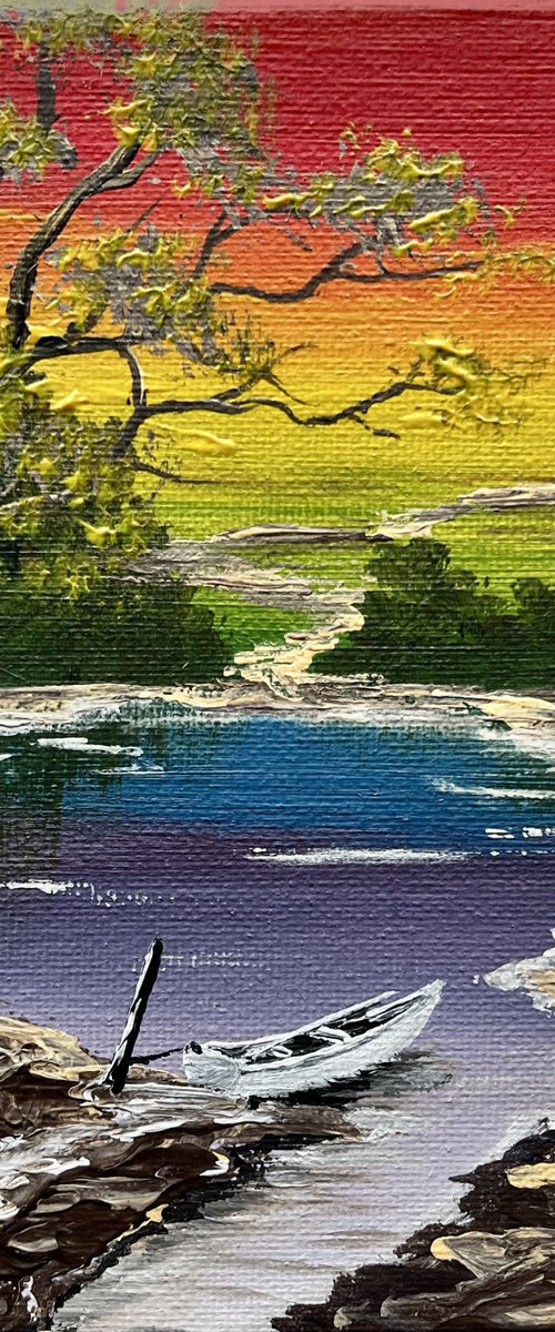 Boat by the Lake on a Mini Canvas by Marja Brown