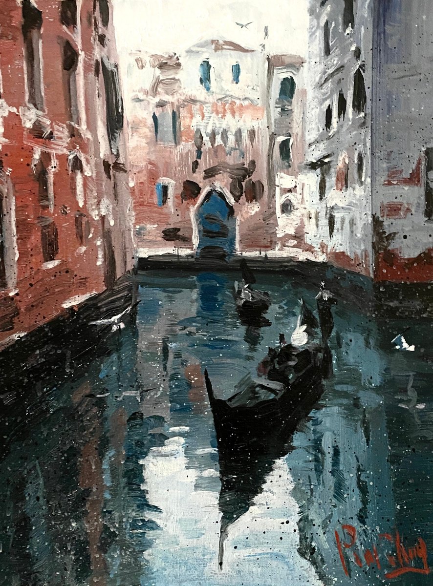 Impressionistic Cityscapes Acrylic Painting By Paul Cheng, 12 X 16", Venice Water Alley, Original Artwork