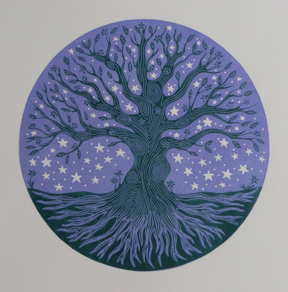 Illustrative Botanical Linocut By Kate Willows, 15 X 15", Tree Of Stars, Original Artwork