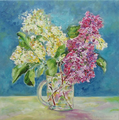 Lilac in a glass Small Modern Contemporary Oil Artwork for Mother Floral Bridal Holyday Nature Gift by Katia Ricci