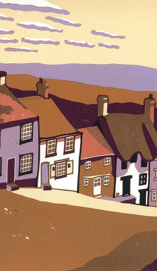 Gold Hill II, signed original linocut print, Limited Edition by Cecca Whetnall