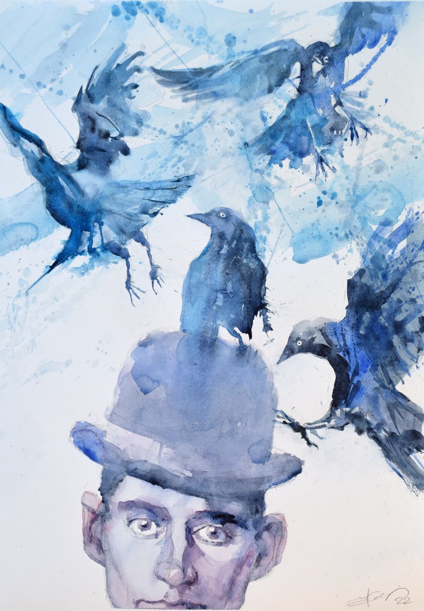 Expressive Portrait Watercolour By Goran Zigolic Watercolors, 20 X 28, Kafka And His Voices, Original Artwork