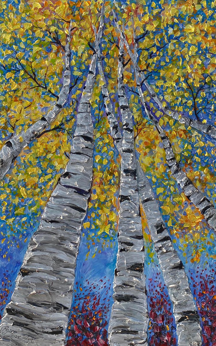 Autumn Aspen Trees Textured Thick Painting by OLena Art - Lena Owens
