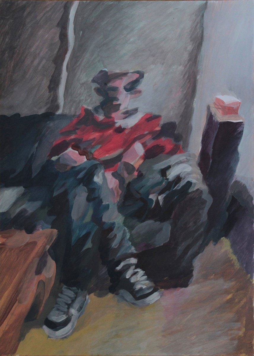 Expressive Portrait Acrylic Painting By Martin Singer, 12 X 16", Man Sitting, Original Artwork