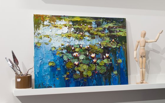 White Water Lilies - Pond flowers  Impasto Original Oil painting