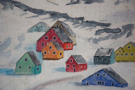 Greenland watercolor painting Winter mountains, snowy colorful houses