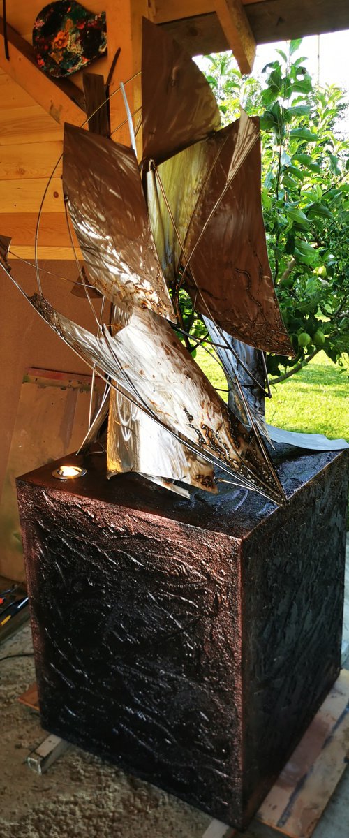 Stunning stainless steel welded large scale sculpture Flight in infinite space July 2023 brutalist deconstructivism by master Kloska by Kloska Ovidiu
