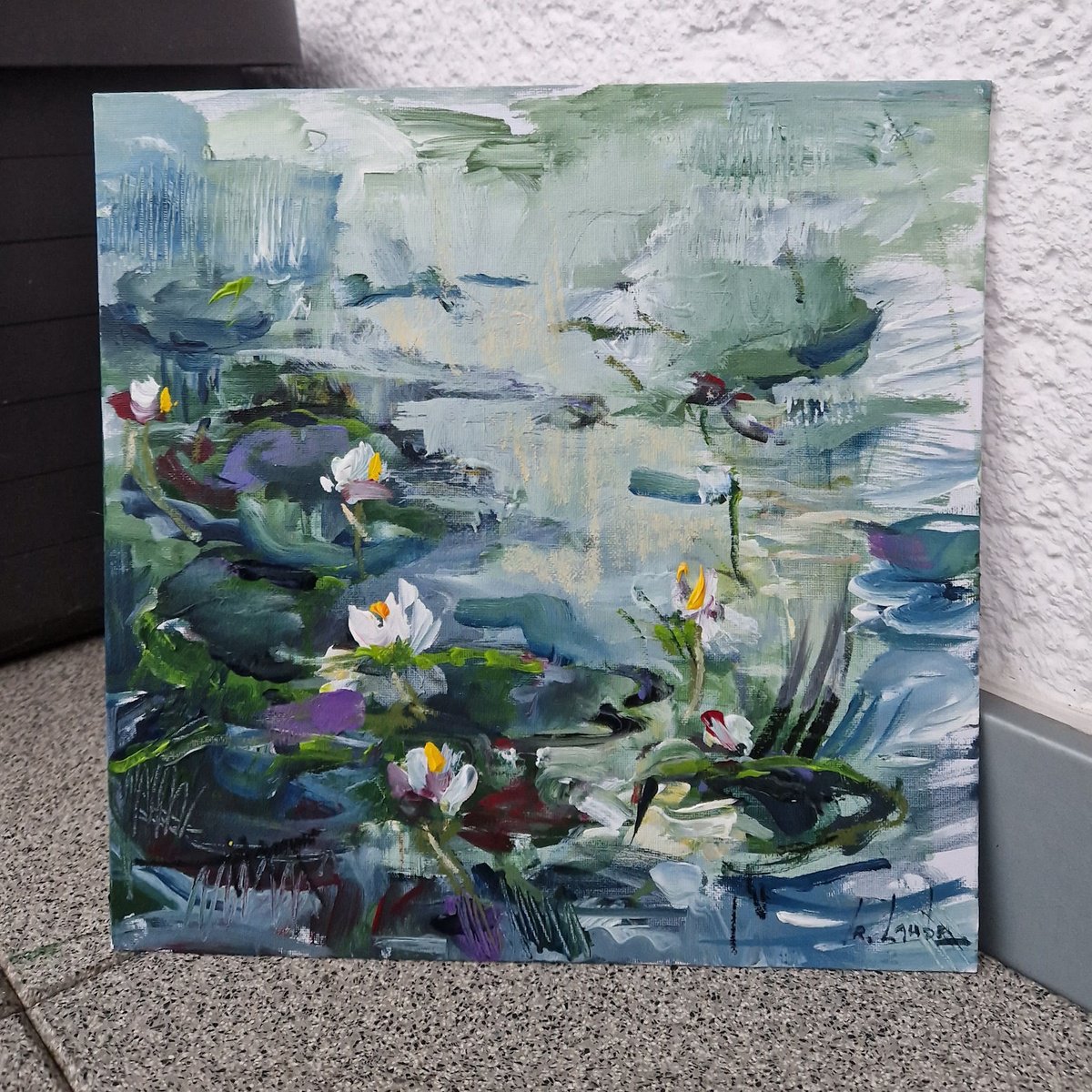 Impressionistic Botanical Acrylic Painting By Irina Laube, 12 X 12, Water Lilies 1, Original Artwork