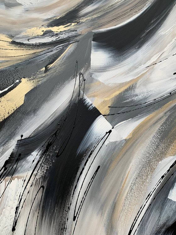 Wild and Free - XL LARGE;  GOLD, BLACK & WHITE ART; MODERN ABSTRACT ART – EXPRESSIONS OF ENERGY AND LIGHT. READY TO HANG!