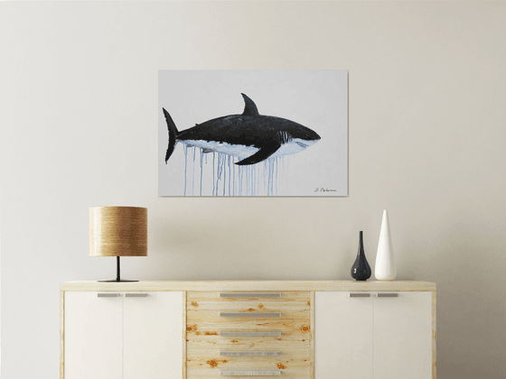 Large Abstract The Great White Shark. Acrylic painting on canvas. Ocean animals, black, white. Painting 61x91cm.