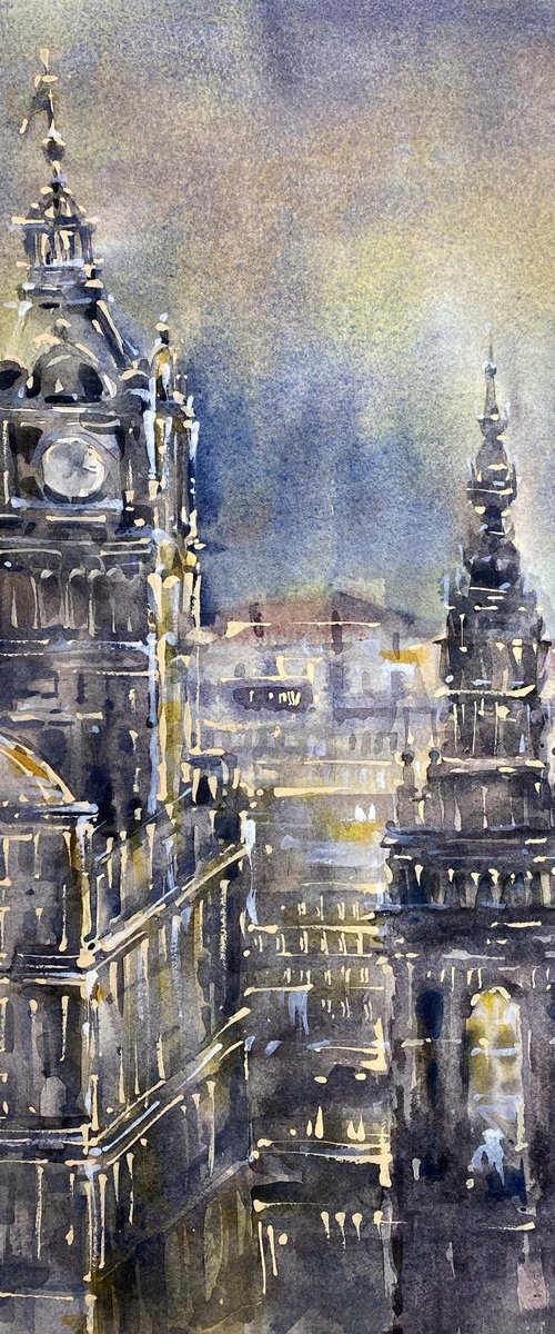 Edinburgh. Night Princess Street. One of a kind, original painting, handmad work, gift, watercolour art. by Galina Poloz