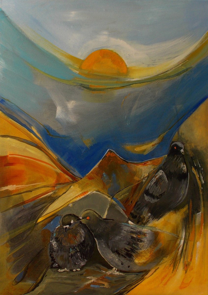 Impressionistic Animal Acrylic Painting By Maria Paunova, 20 X 28", Love Pigeons, Original Artwork