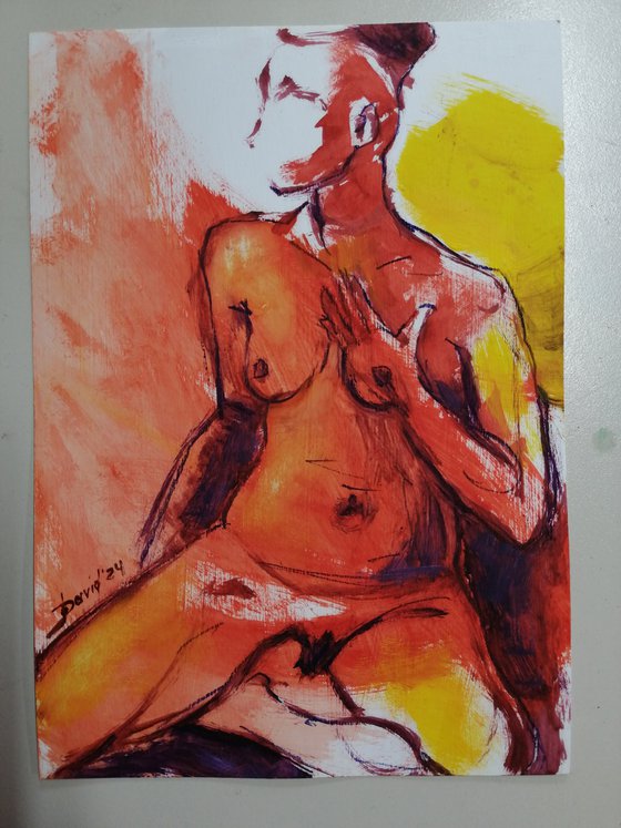 Nude orange study women oil on paper