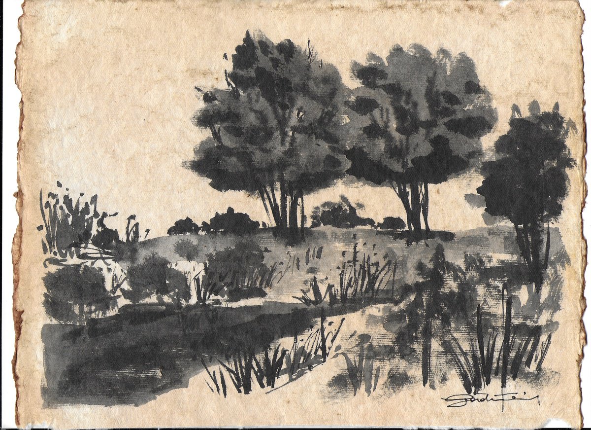 Expressive Landscape Watercolour By Gozde Temiz Istanbul, 12 X 9, Silent Meadow, Original Artwork