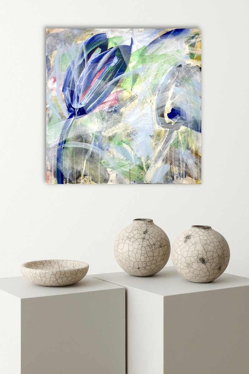 Abstract Acrylic Painting By Jutta Rika Bressem, 16 X 16", Deconstructive Flowers 1, Original Artwork