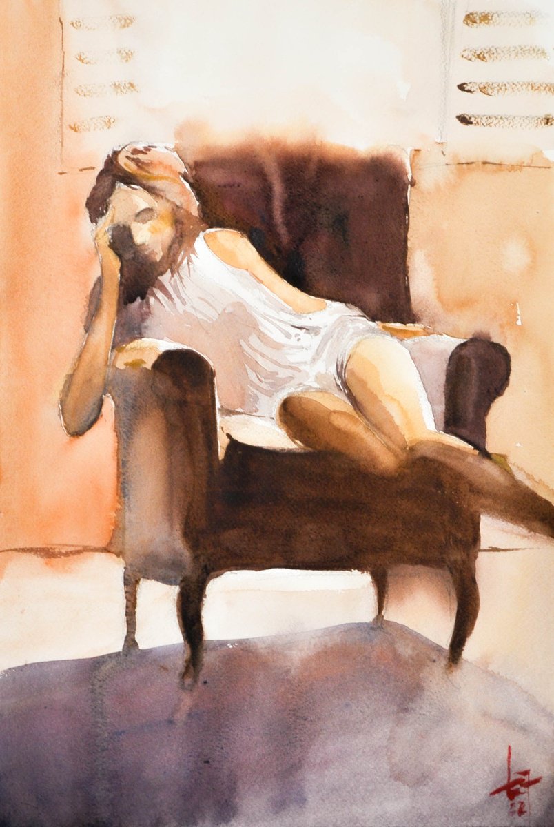 Impressionistic Portrait Watercolour By Flavio Furlan, 14 X 21, Woman In Armchair, Original Artwork