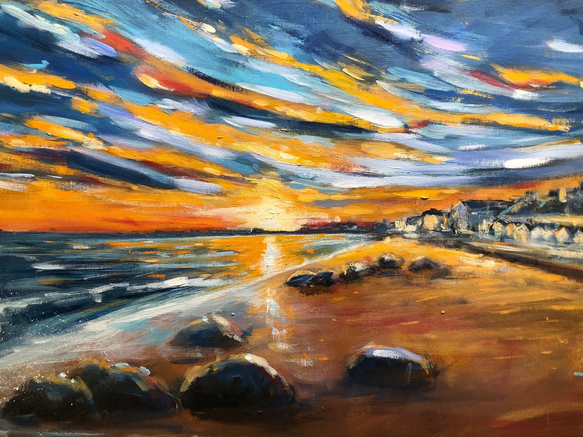 Impressionistic Landscape Acrylic Painting By Ewen Macaulay, 32 X 16, Sunset At Sandgate, Original Artwork