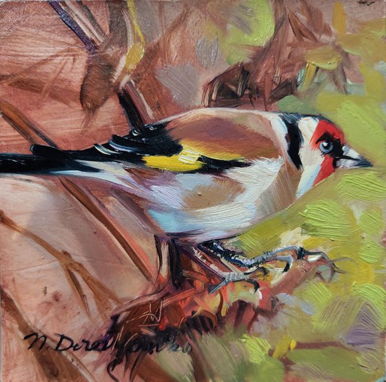 Goldfinch art bird painting original, Bird art sunflower, Small bird art 4x4, Life is better in the country gift Housewarming