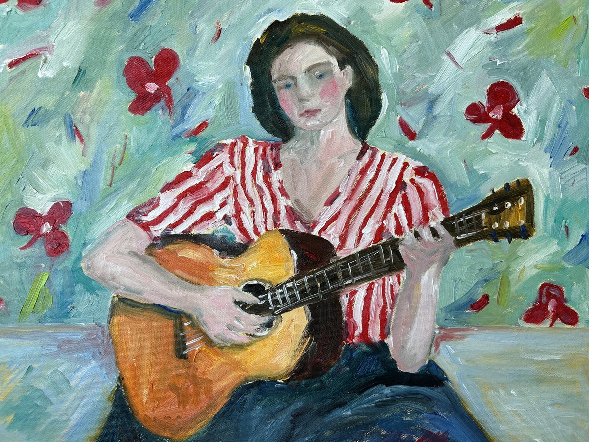 Impressionistic Portrait Oil Painting By Irina Anis, 22 X 18, Woman With A Guitar, Original Artwork