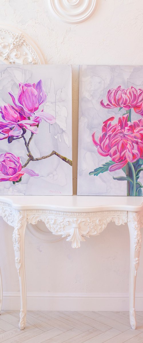 Diptych Pink Flowers by Olga Volna