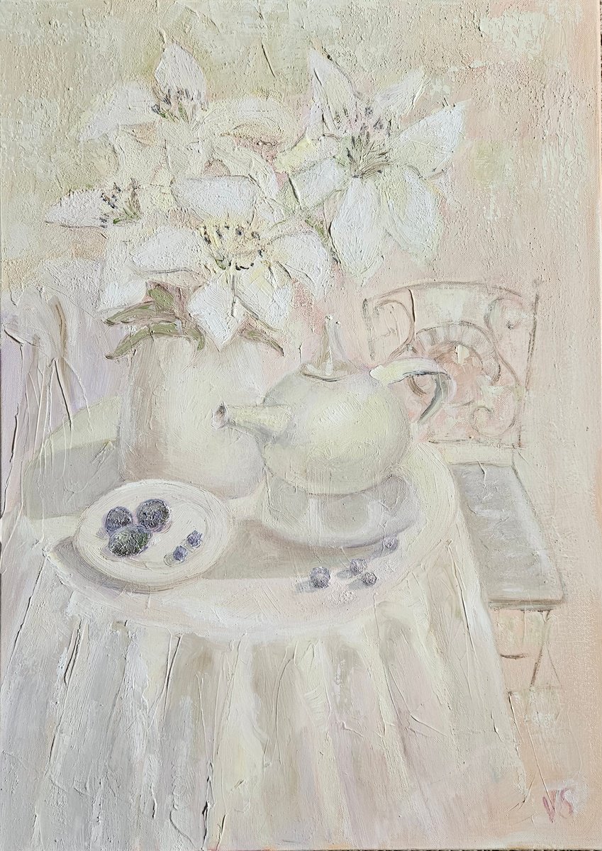 Impressionistic Botanical Oil Painting By Vera Stein, 20 X 28", White On White, Original Artwork