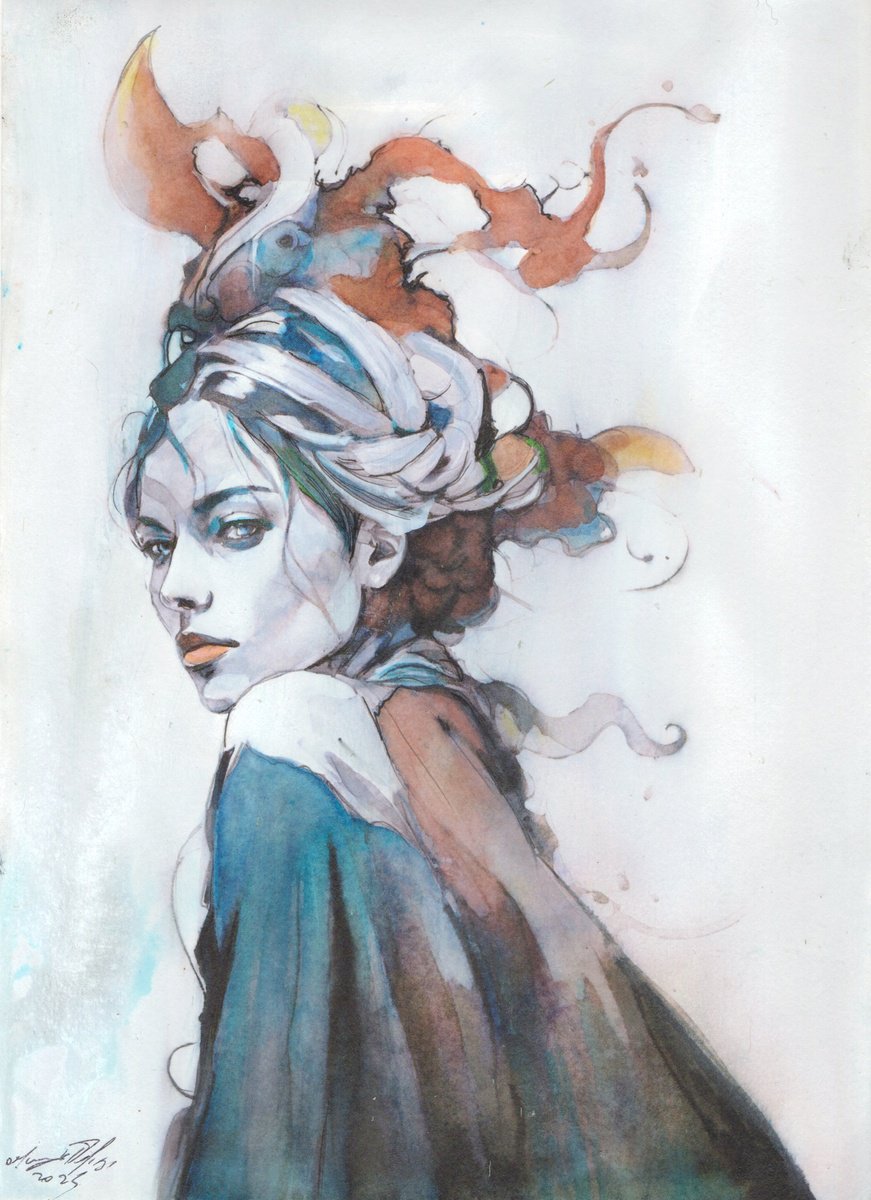 Impressionistic Portrait Ink Drawing By Maurizio Puglisi, 8 X 11", Evanora Harkness, Original Artwork