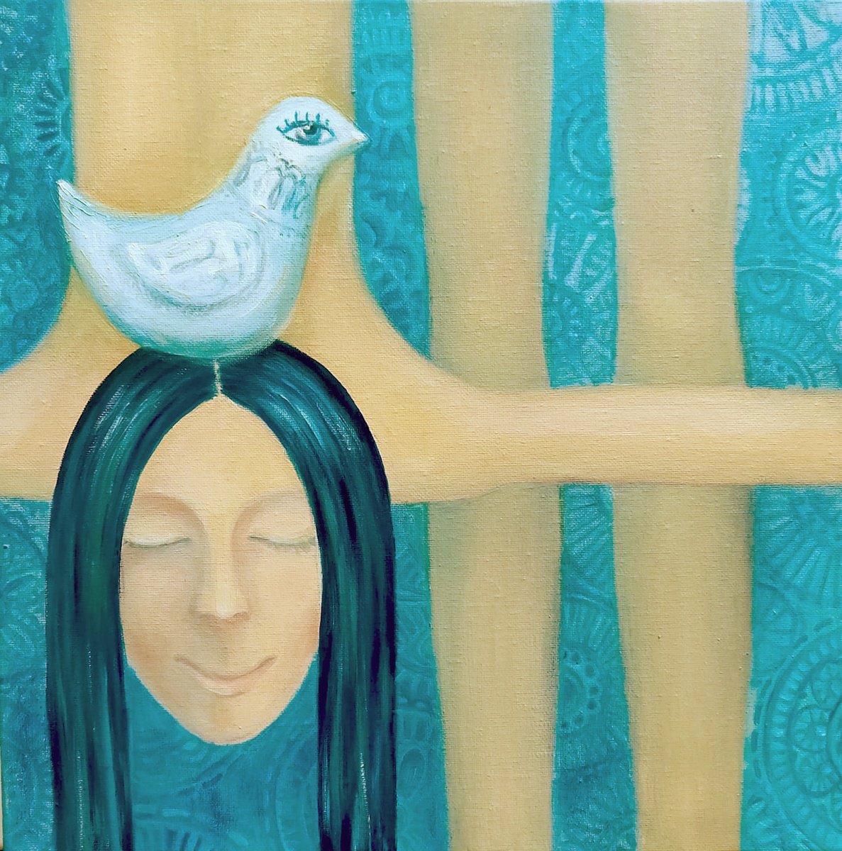 Naive Portrait Oil Painting By Vio Valova, 15 X 15", Winter Yoga, Original Artwork