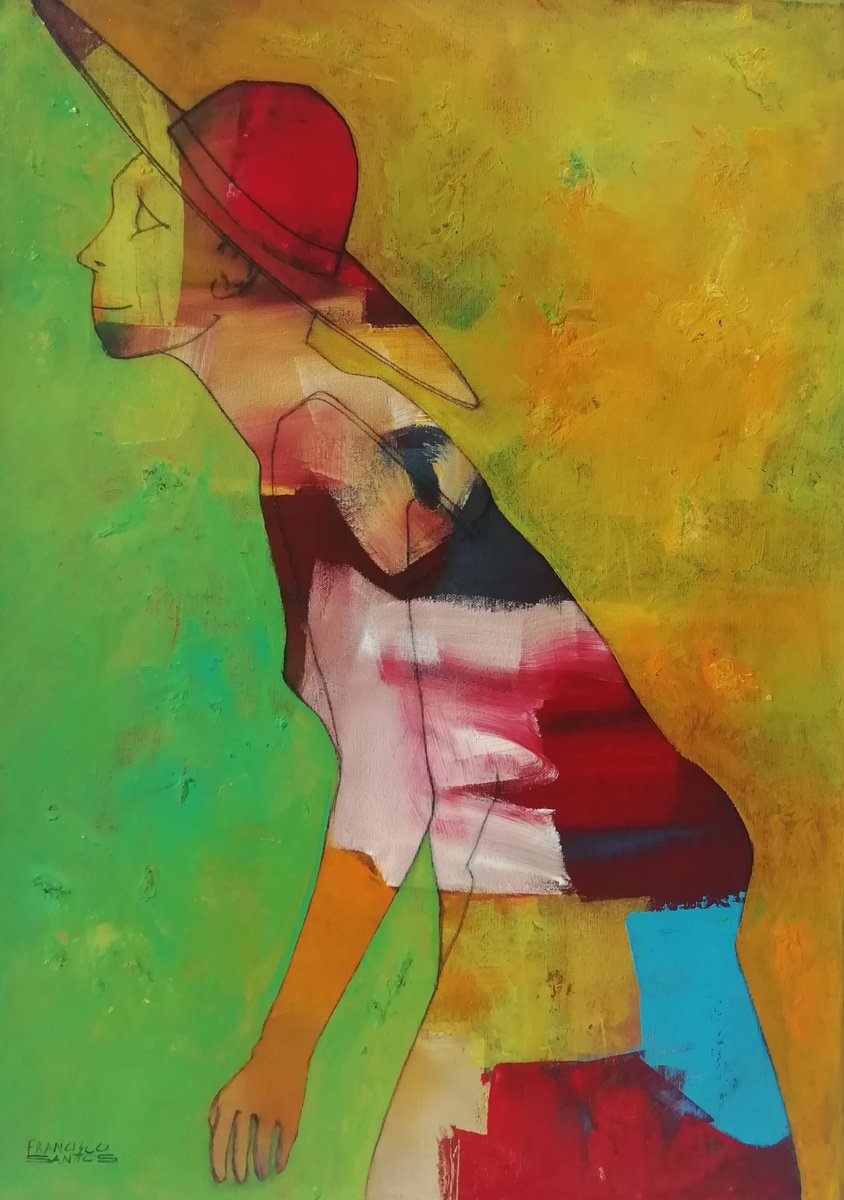 Expressive Portrait Acrylic Painting By Francisco Santos, 20 X 28, Girl With Sun Hat 2, Original Artwork