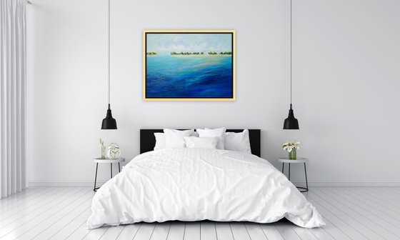 Seascape Tropical Beach Boats Painting. Large Abstract ocean textured art, sea waves, sky with clouds, sailboats, palm trees. Modern Impressionism