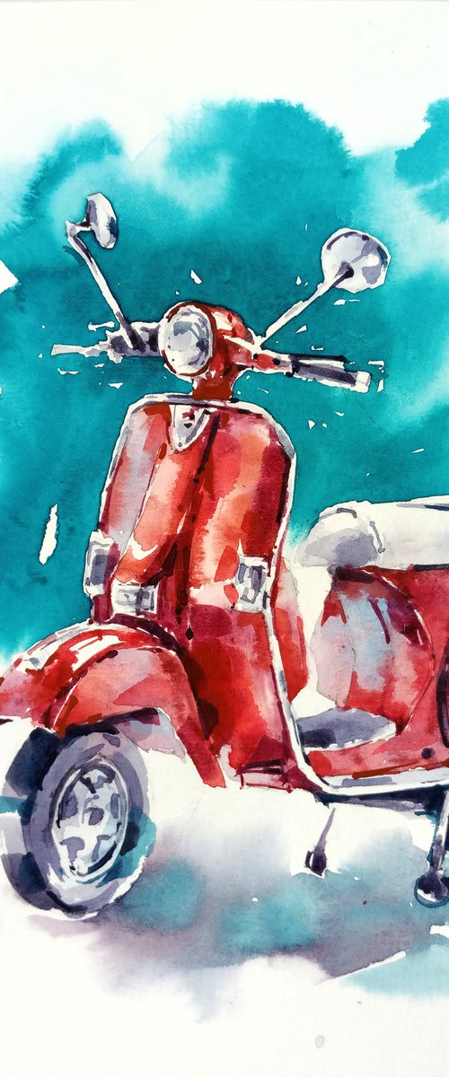 "Retro motorcycle" original watercolor artwork adventure road by Ksenia Selianko