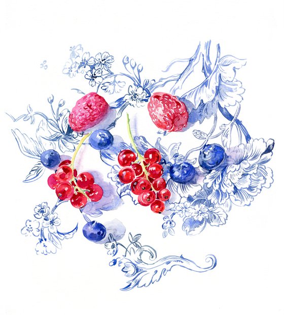 Berries on the blue pattern