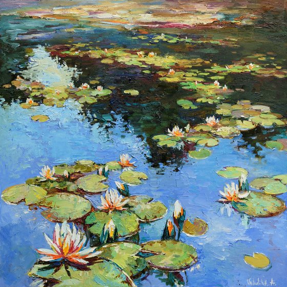 Water lilies Large Oil painting 90 x 90 cm Free Shipping