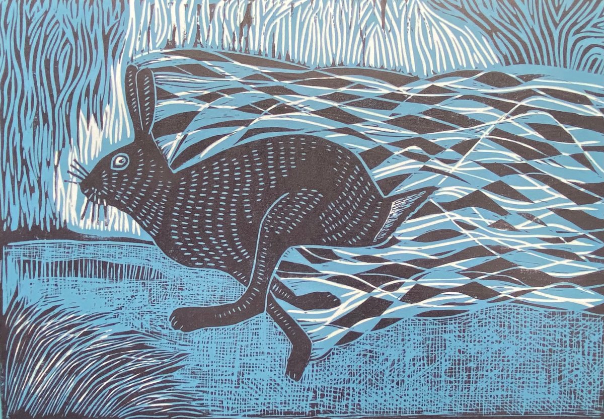 Limited edition handmade linocut. Running Hare 14/20 by Jane Dignum