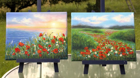 Sunset seascape and poppies