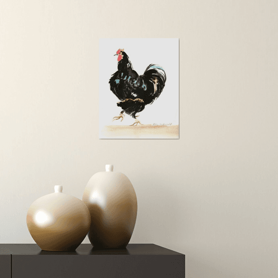 Black rooster strutting