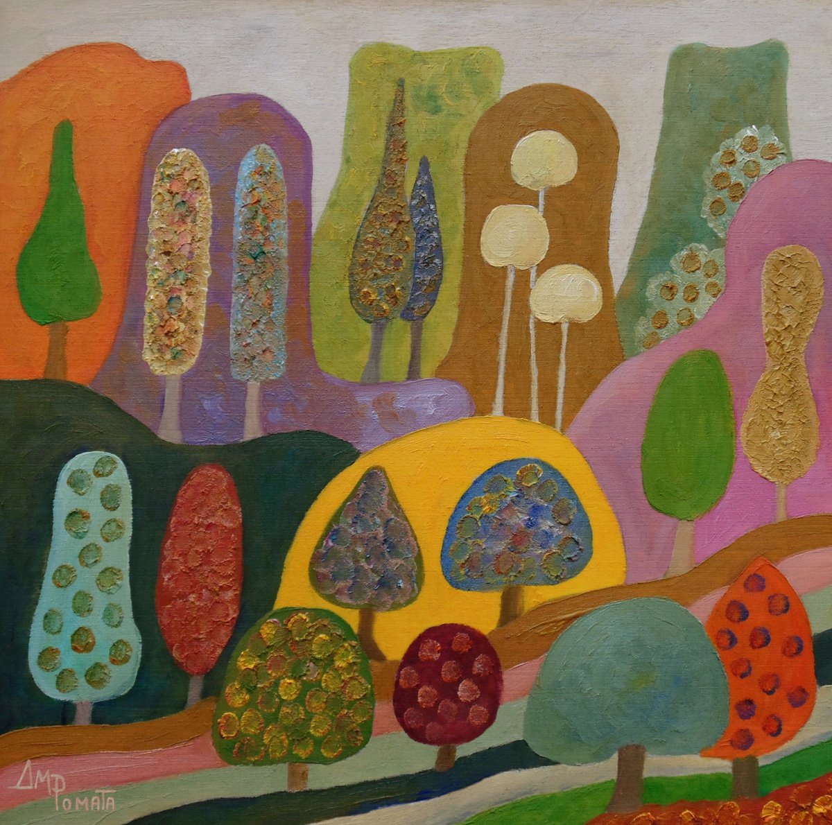 Impressionistic Landscape Oil Painting By Angeles M. Pomata, 8 X 8, Latest Lights Of The Eve, Original Artwork