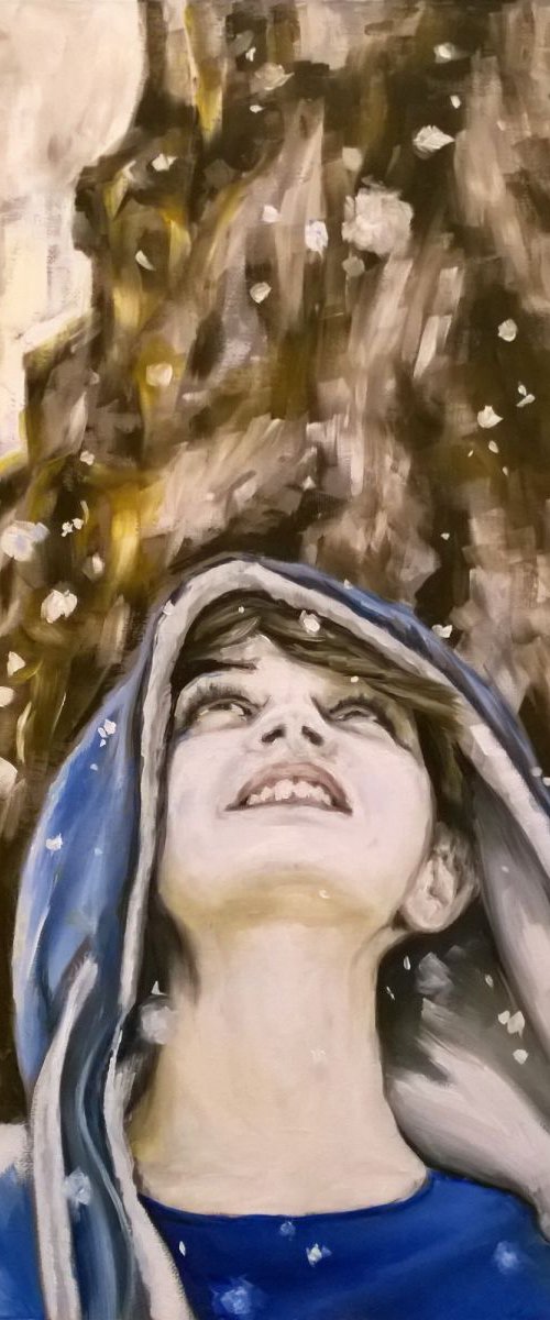 The First Snow - portrait of a girl looking into the sky when first snow is falling by Leonid Plekhanov