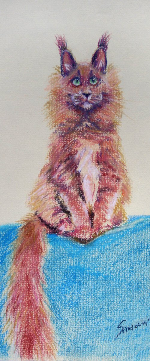 Red cat / ORIGINAL PASTEL PAINTING by Salana Art Gallery