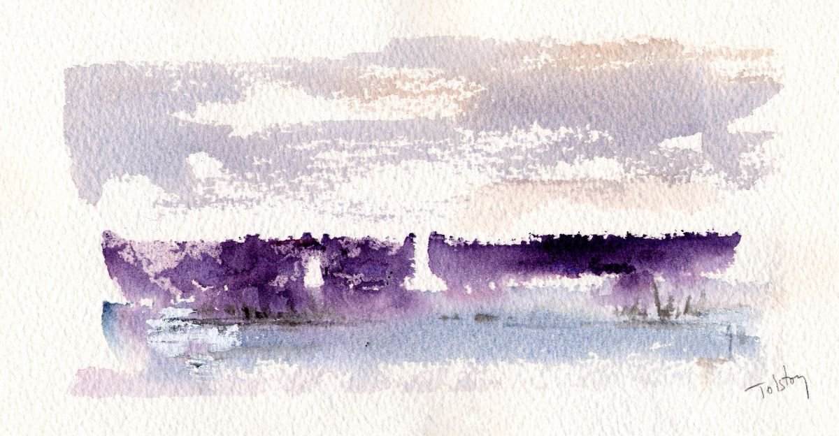 Impressionistic Abstract Watercolour By Alex Tolstoy, 8 X 4, Purplescape, Original Artwork