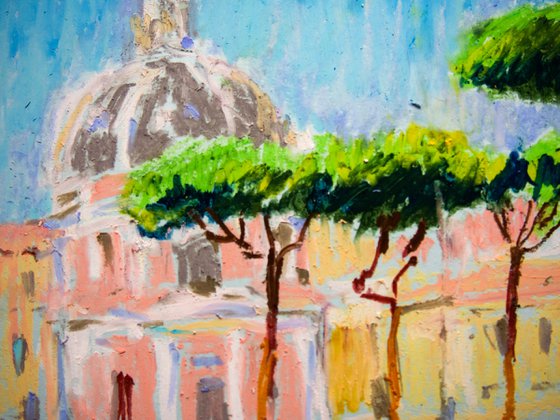 Rome. Dreams about Italy series. Oil pastel painting. Small painting italy black bright light night interior decor gift