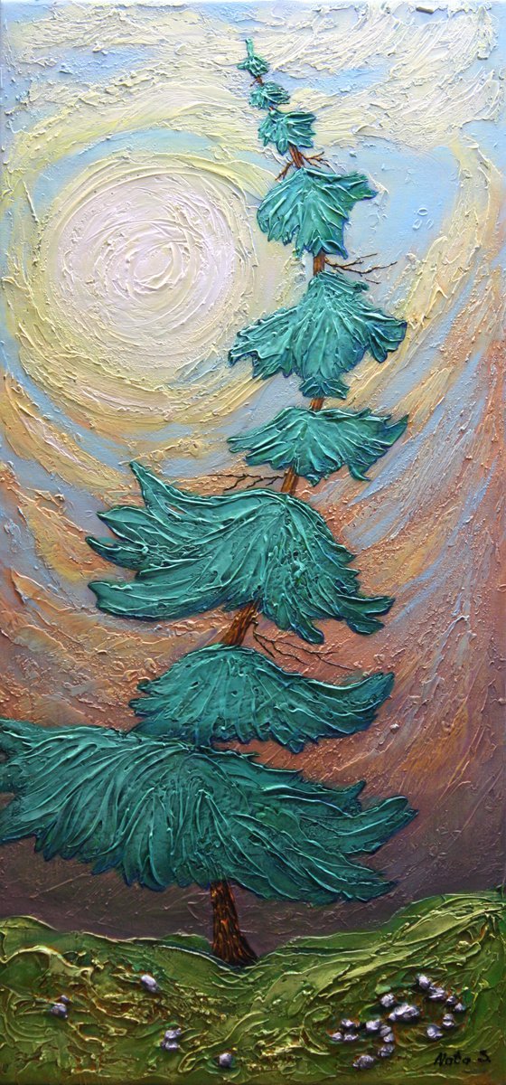 Alone.... Pine Tree Painting 107 x 51 cm by Nataliya Stupak