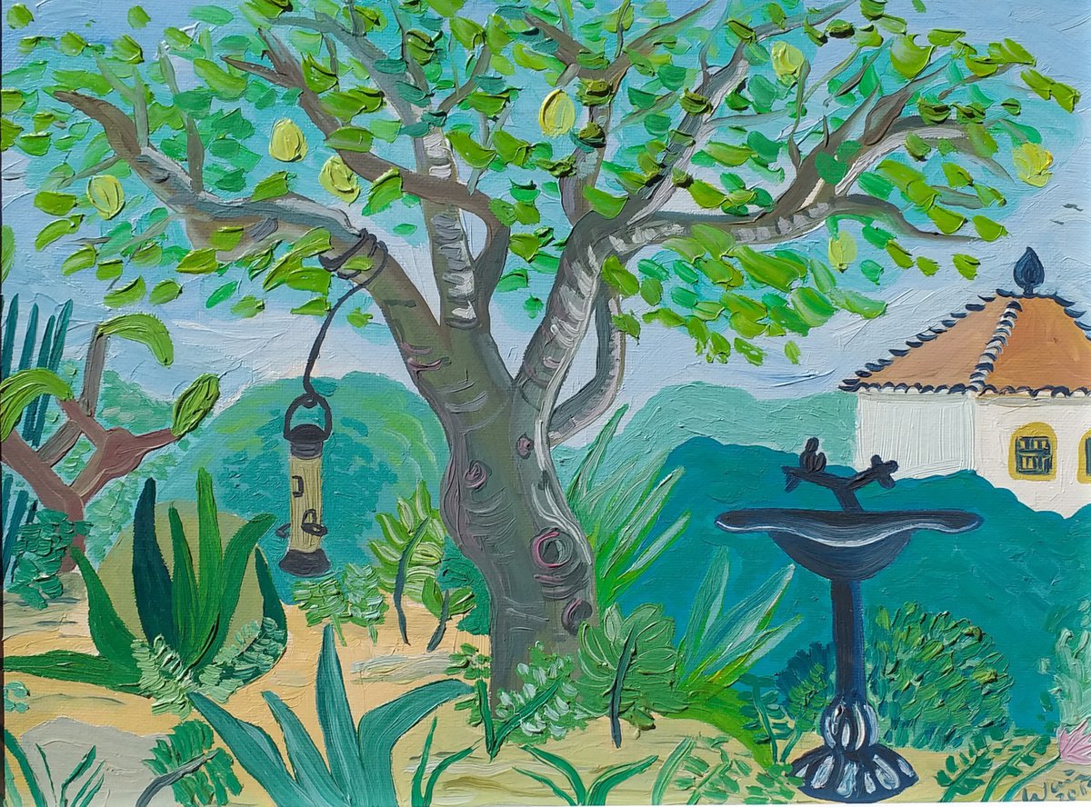 Lemon tree and bird bath in Spanish Garden by Kirsty Wain