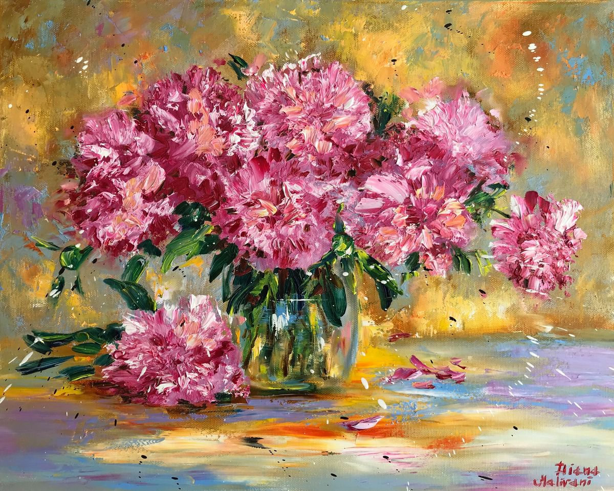 Impressionistic Botanical Oil Painting By Diana Malivani, 20 X 16, Peonies, Original Artwork