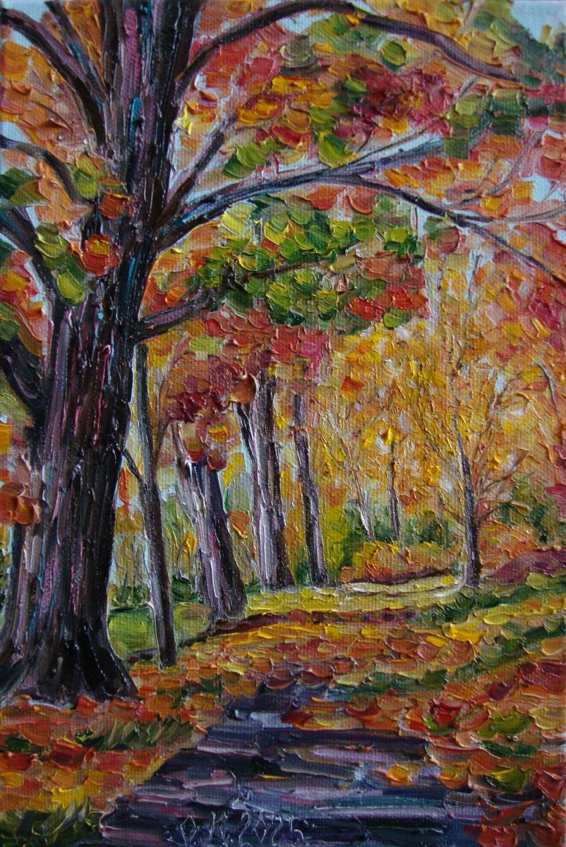 Photorealistic Landscape Oil Painting By Olga Knezevic, 8 X 12", Orange Autumn, Original Artwork