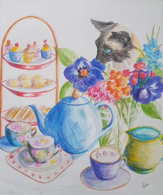 Afternoon Tea with Siamese Cat