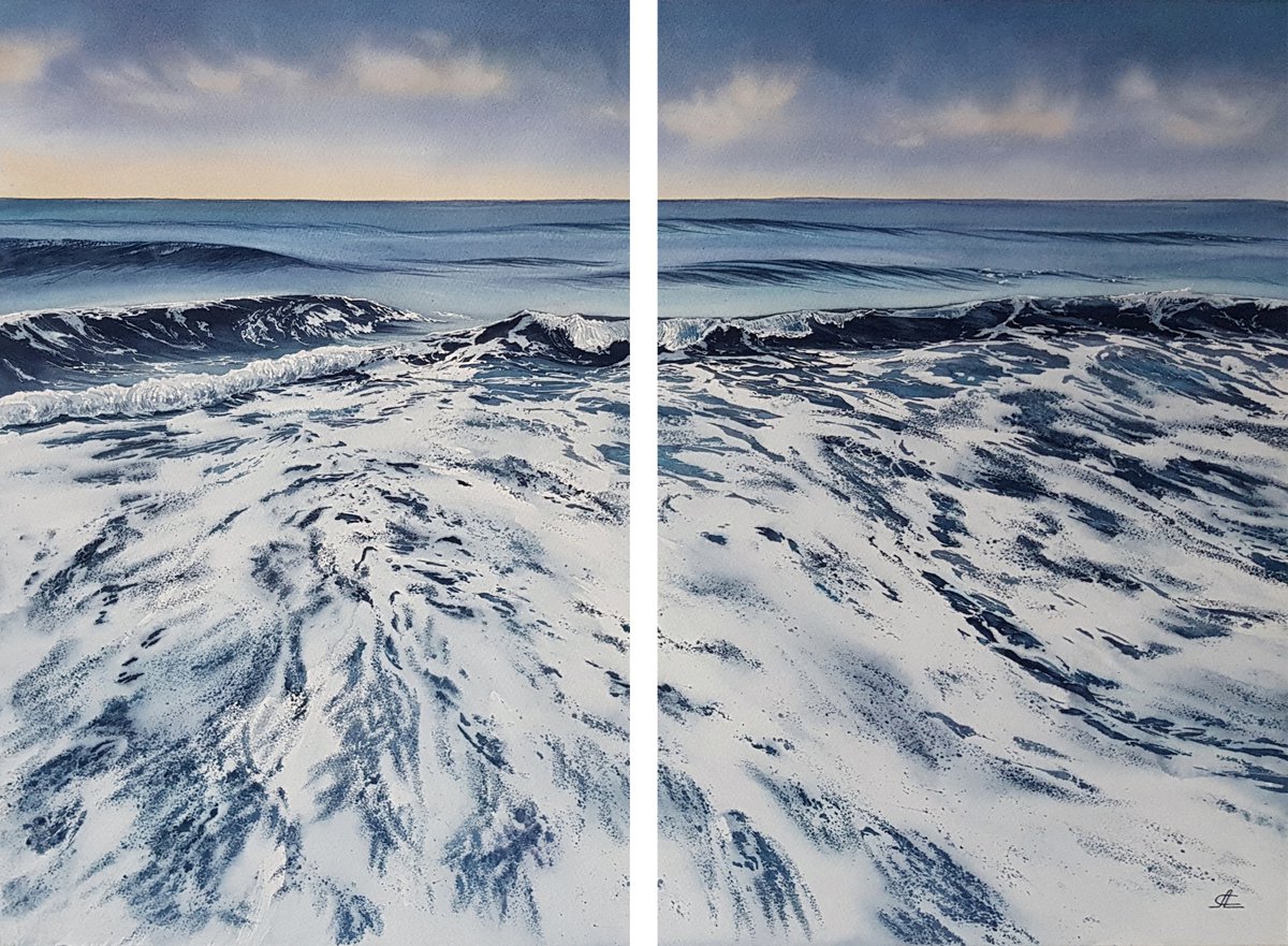 Sea and waves (30 x 22 inch) Diptych by Svetlana Lileeva