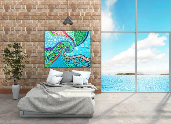 Large turquoise abstract painting. Vivid spiral abstract sea \ ocean wave.