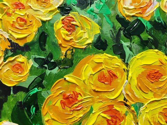 FIELD OF YELLOW, ORANGE, WHITE  ROSES  palette knife modern decor MEADOW OF FlOWERS, LANDSCAPE,  office home decor gift