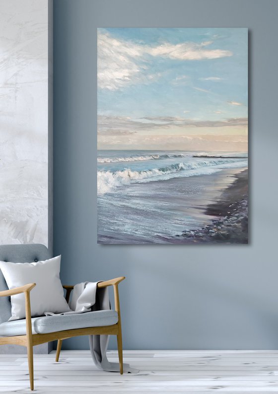 "Sea" Blue white seashore oil art