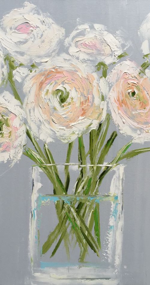 White Peonies in a glass Vase- oil on canvas 24"x30" by Emma Bell